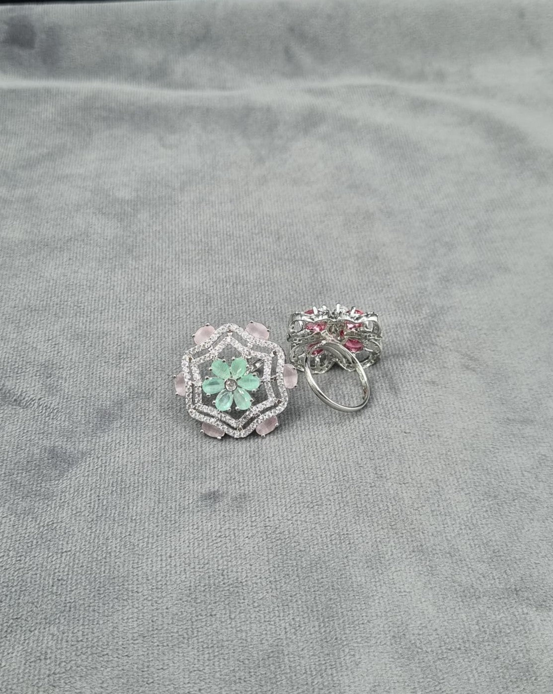 Silver Finish American Diamond Floral Statement Ring